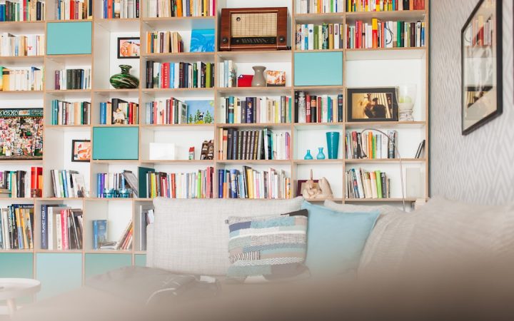 Large bookcase integrated into a living room for organized book storage