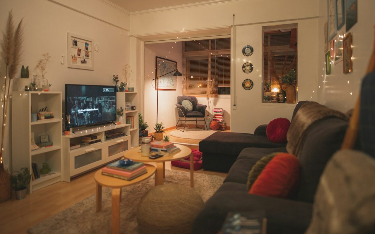 Calm tidy living room in the evening after a simple household reset