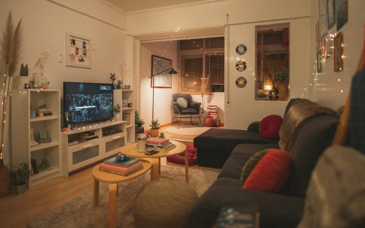 Calm tidy living room in the evening after a simple household reset