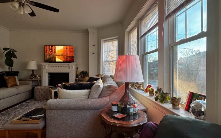 Tidy comfortable living room with clear seating and open circulation