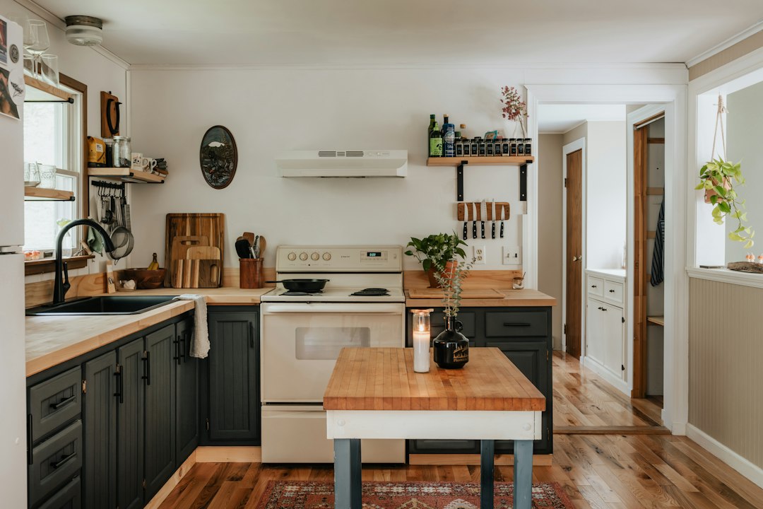 Small kitchen illustrating how cabinetry and open surfaces share limited space