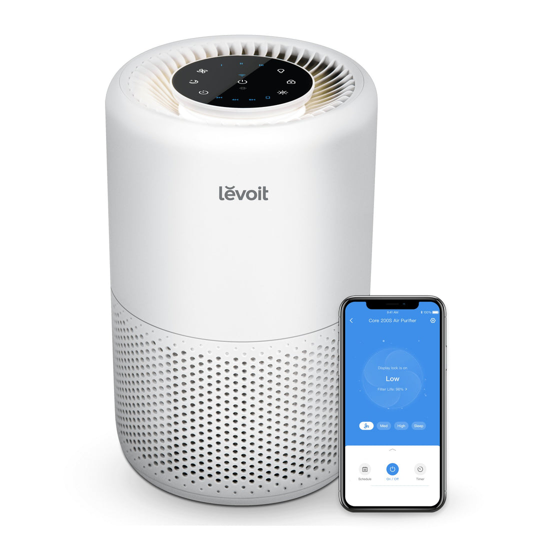 Levoit Core 200S smart purifier shown with phone controls