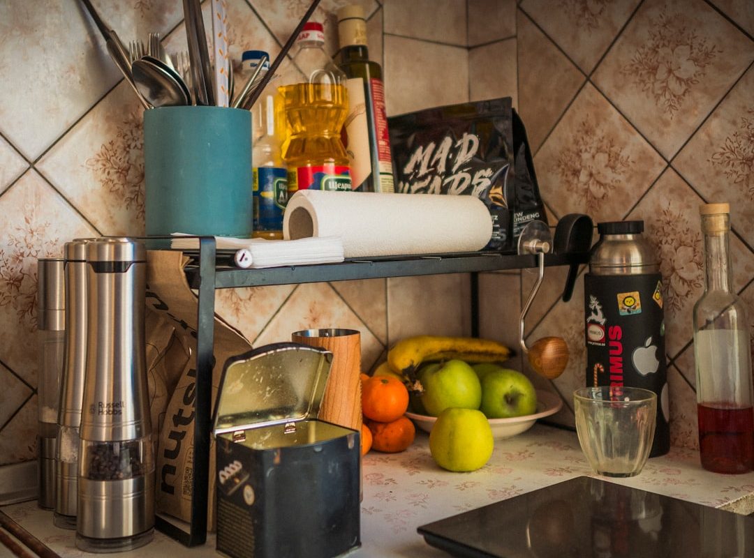 Kitchen counter with frequently used items gathered near the work surface