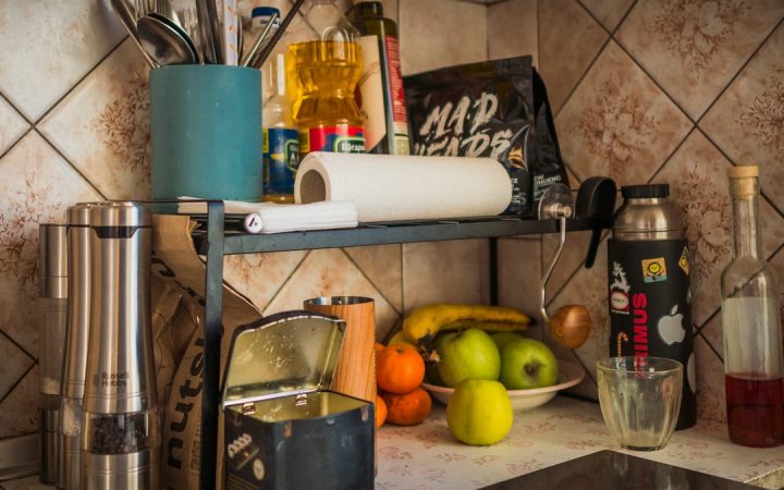 Kitchen counter with frequently used items gathered near the work surface