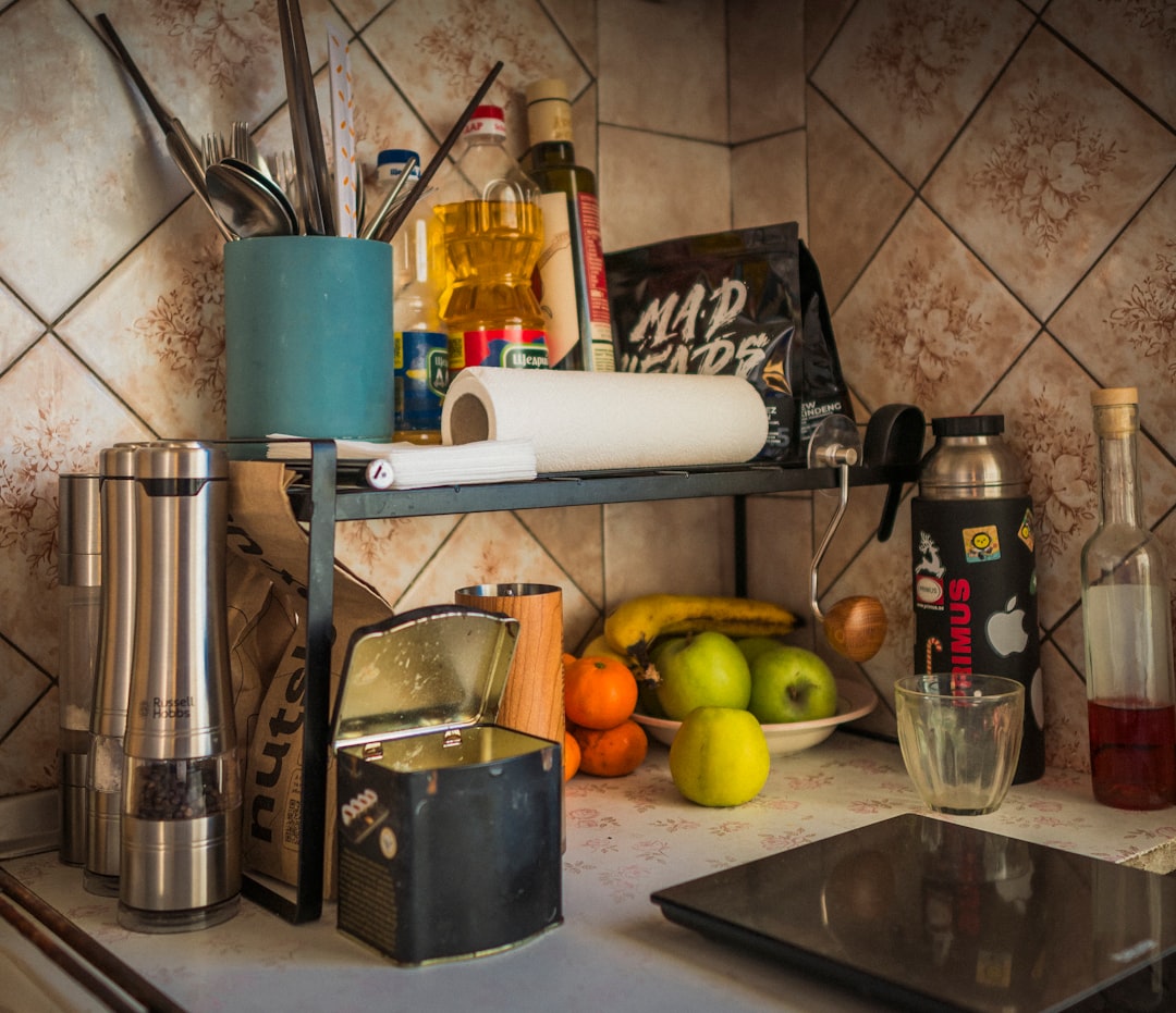 Kitchen counter with frequently used items gathered near the work surface