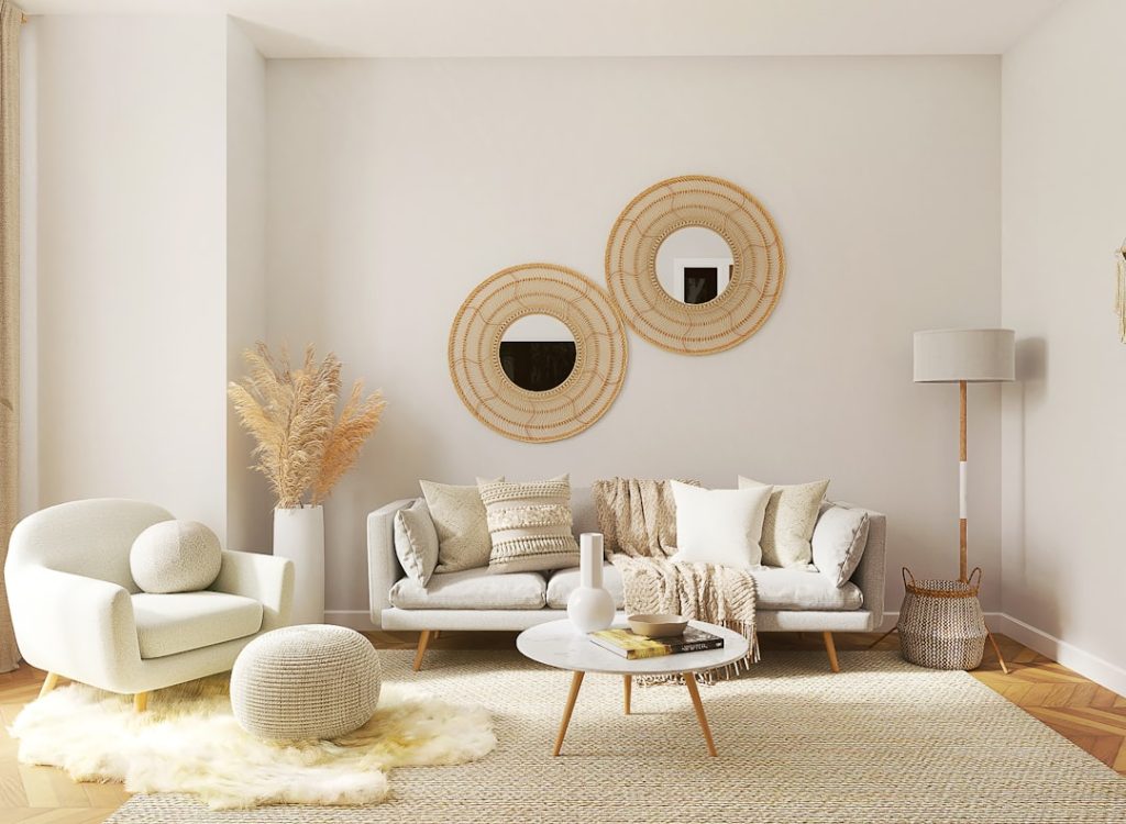 Small living room with furniture grouped around a clear central floor path