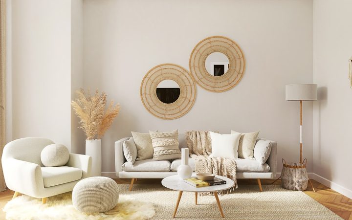 Small living room with furniture grouped around a clear central floor path
