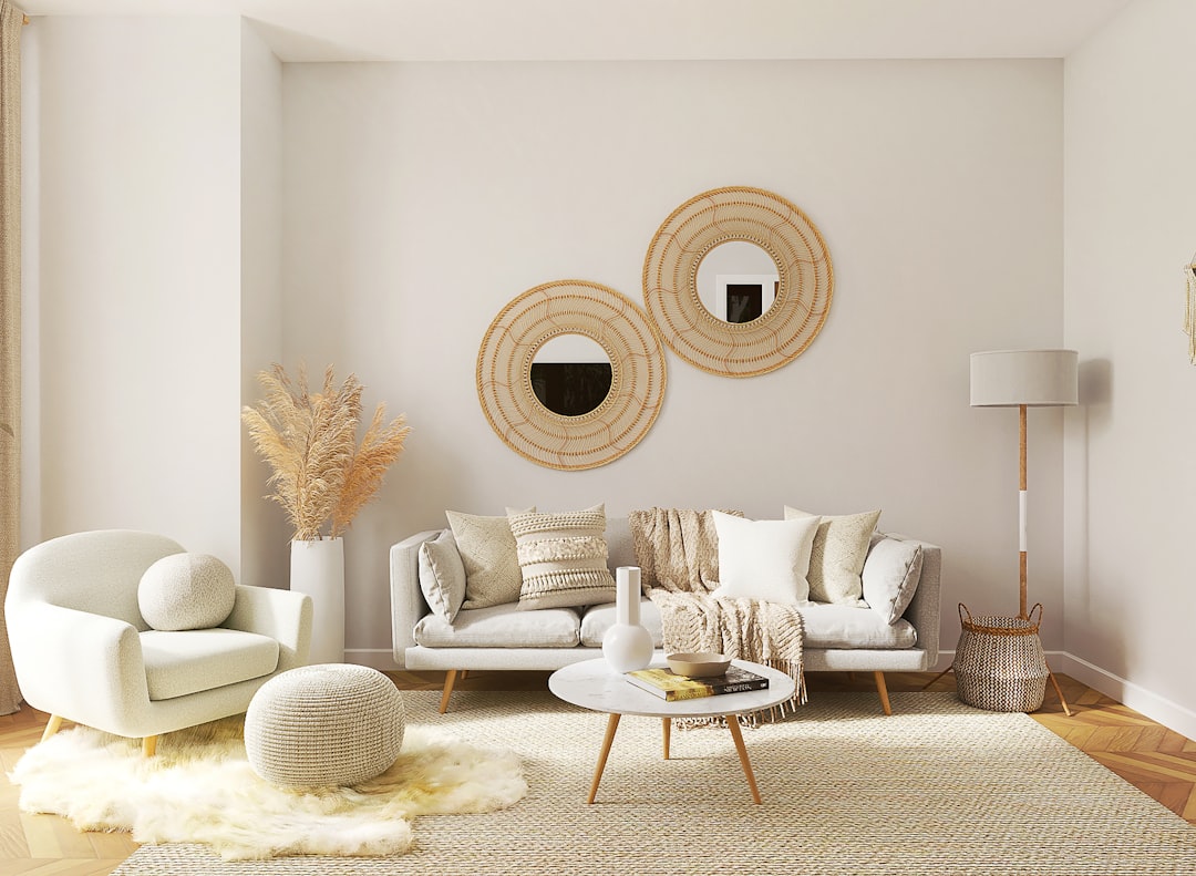 Small living room with furniture grouped around a clear central floor path