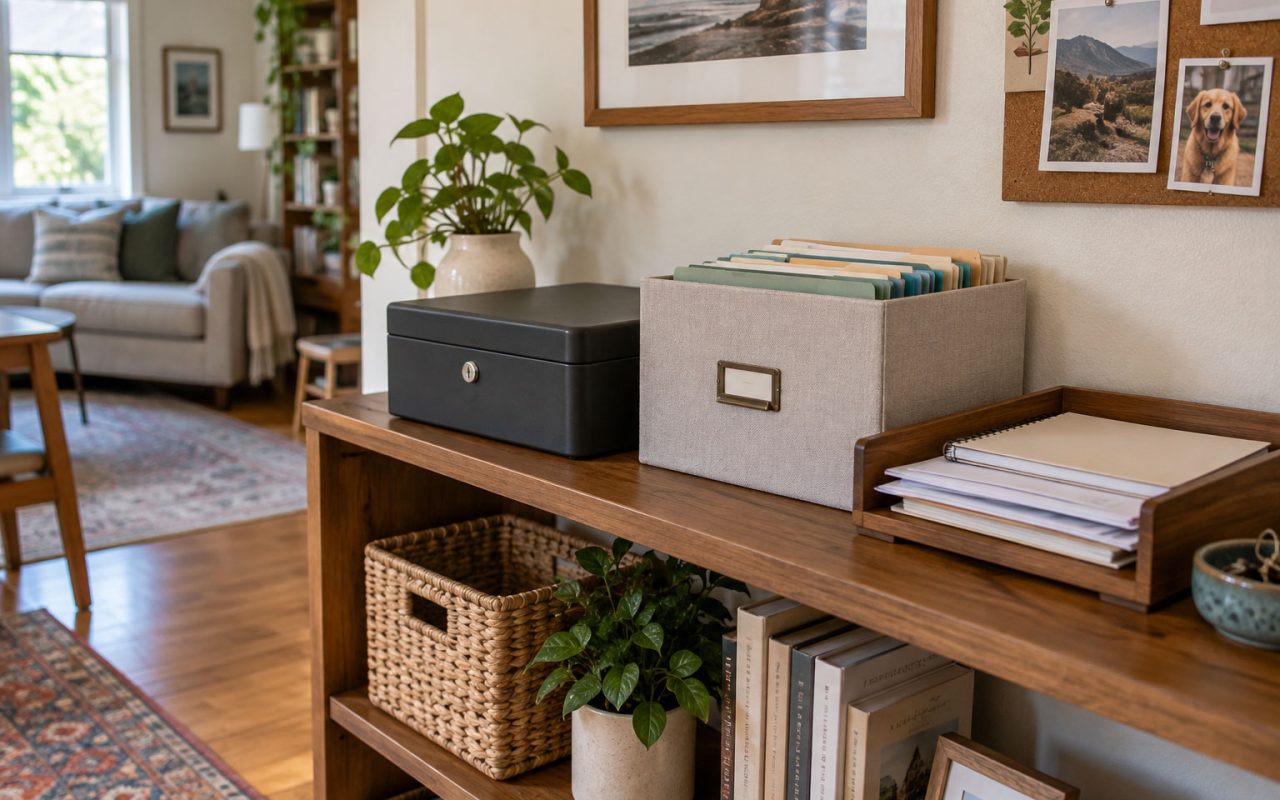 Organized family document box and secure paper storage in a bright small American apartment.