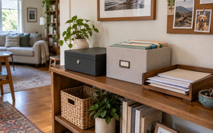 Organized family document box and secure paper storage in a bright small American apartment.
