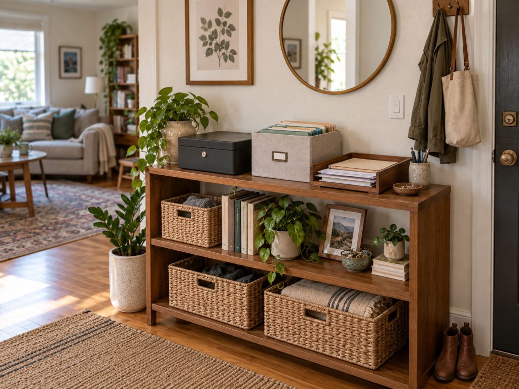 Compact three-zone paper organization setup for important family documents in a small home.