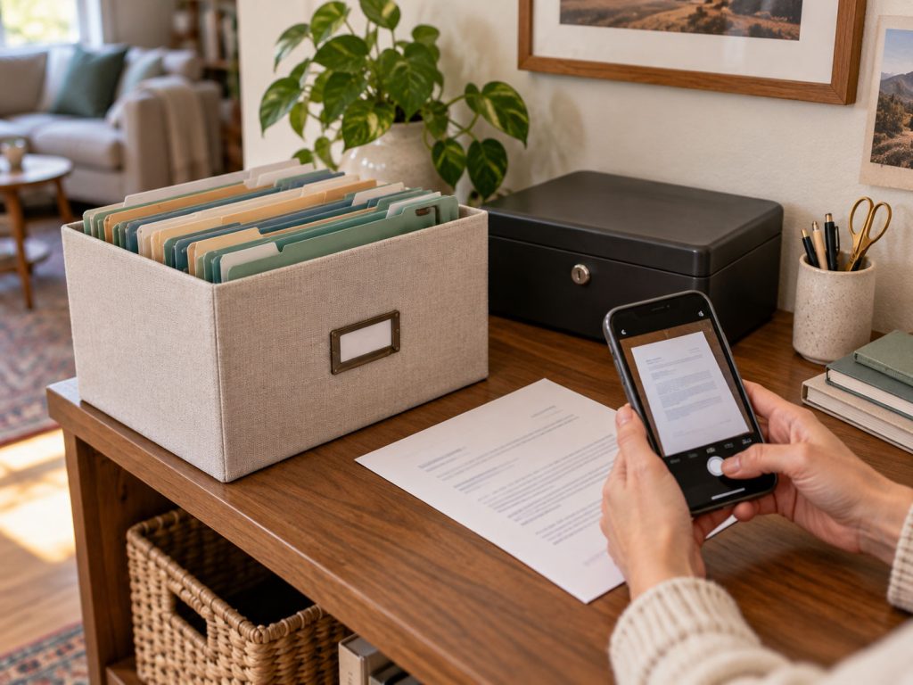 Parent sorting family papers into a few broad document categories at a small dining table.