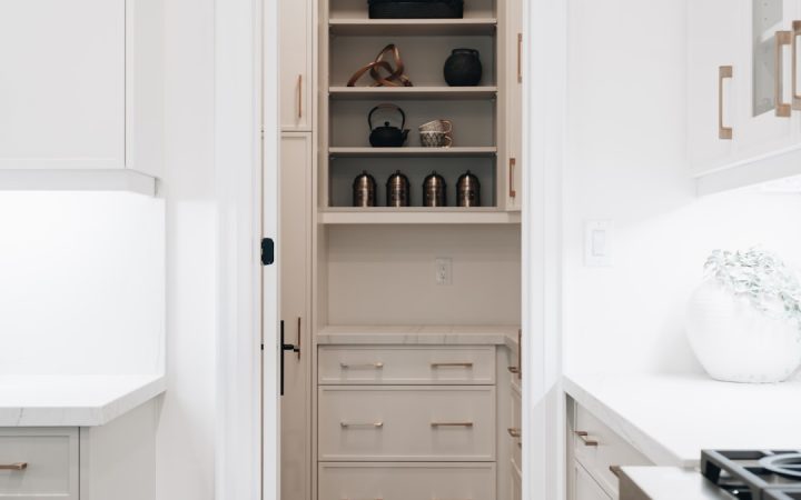 Open pantry shelves showing broad food zones and accessible storage