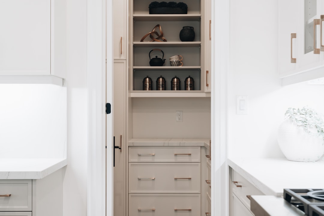 Open pantry shelves showing broad food zones and accessible storage