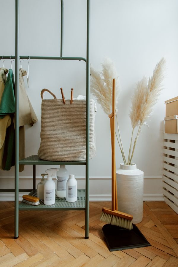 Home storage area with cleaning supplies, shelves, baskets, and a clothing rack