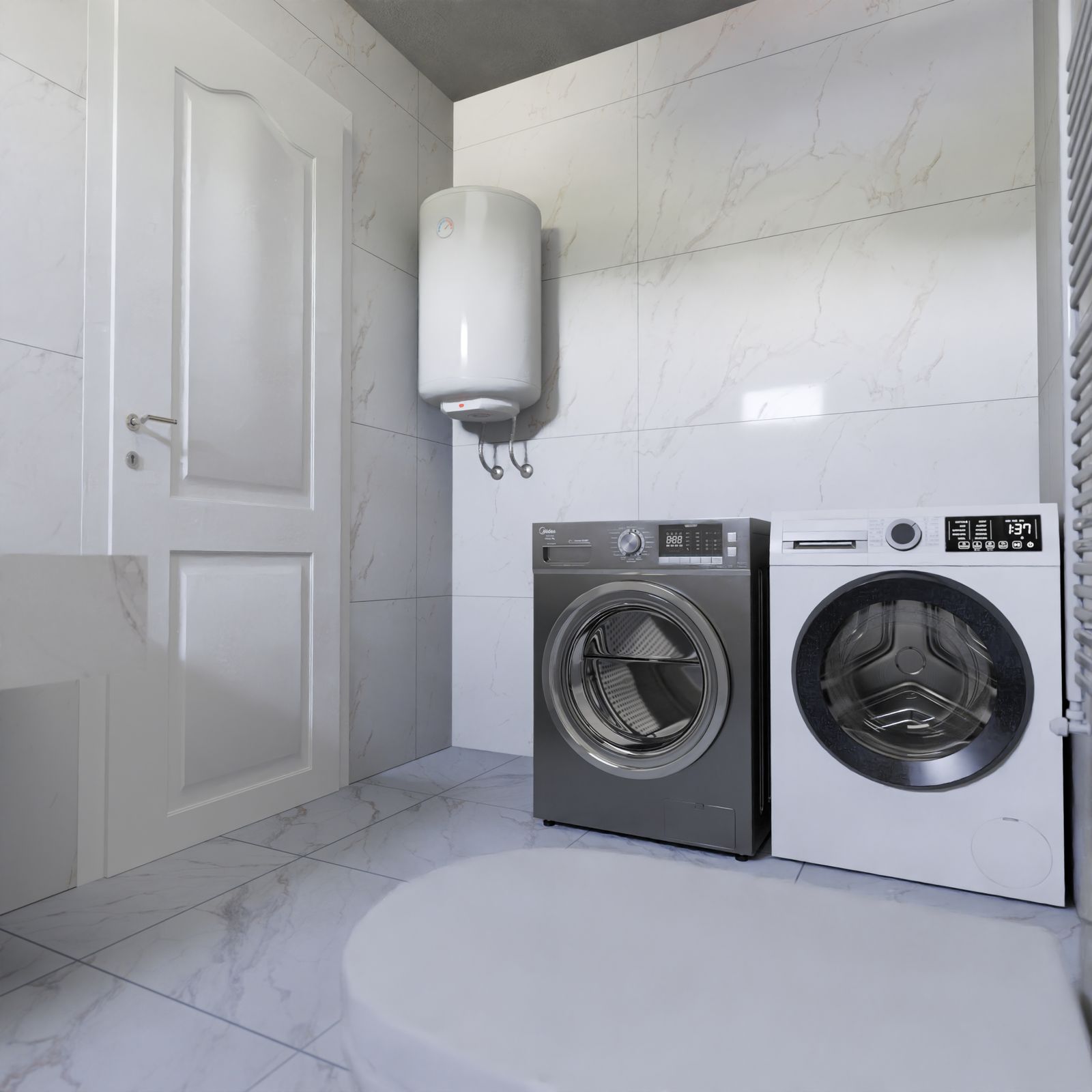 Modern laundry room with washer dryer and utility equipment