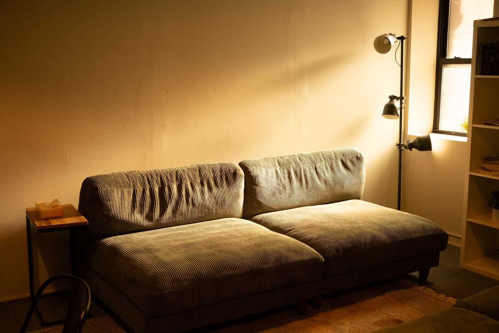 Sofa and floor lamp in a sunny living room