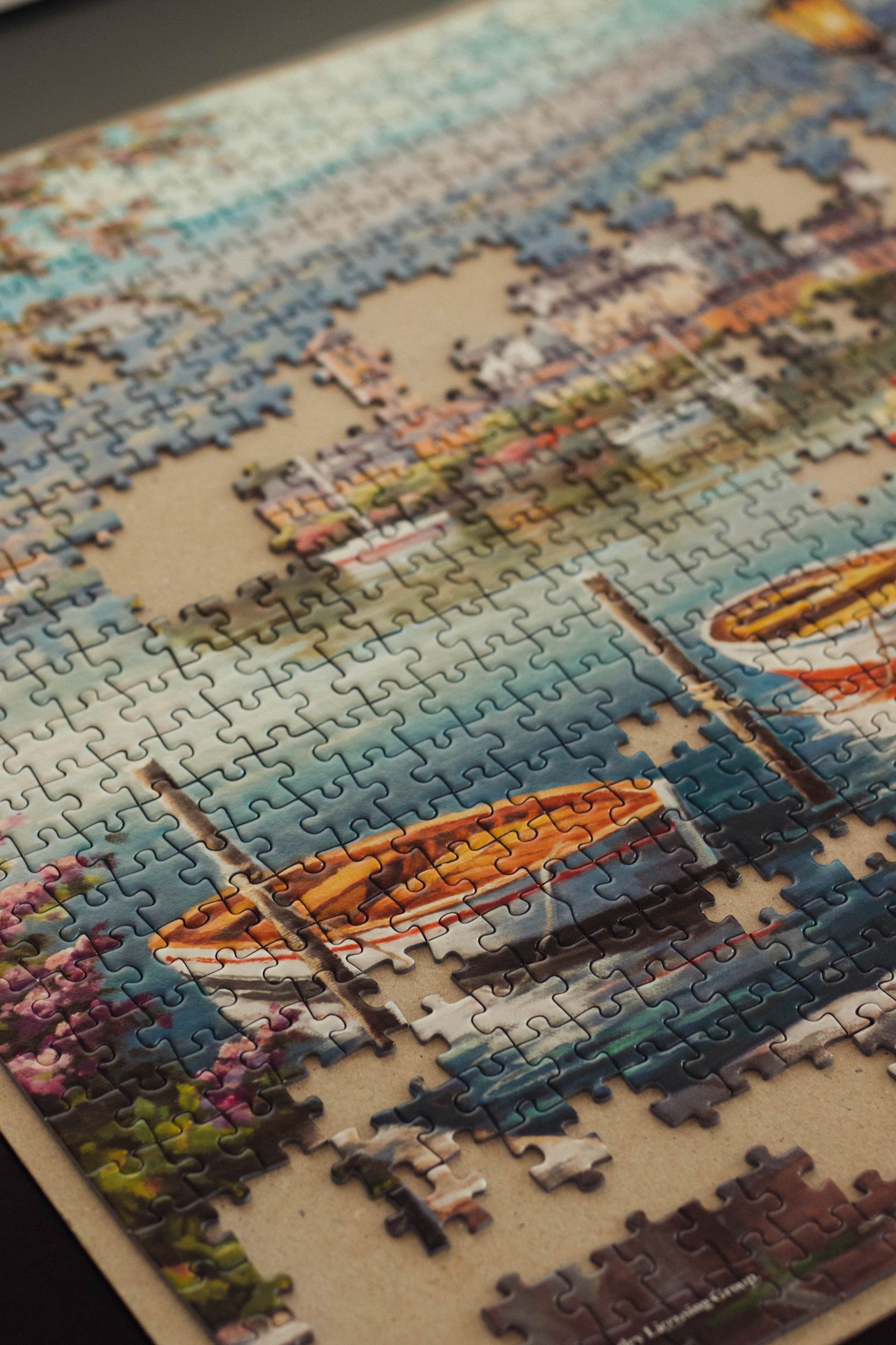 Close-up of a partially assembled landscape jigsaw puzzle