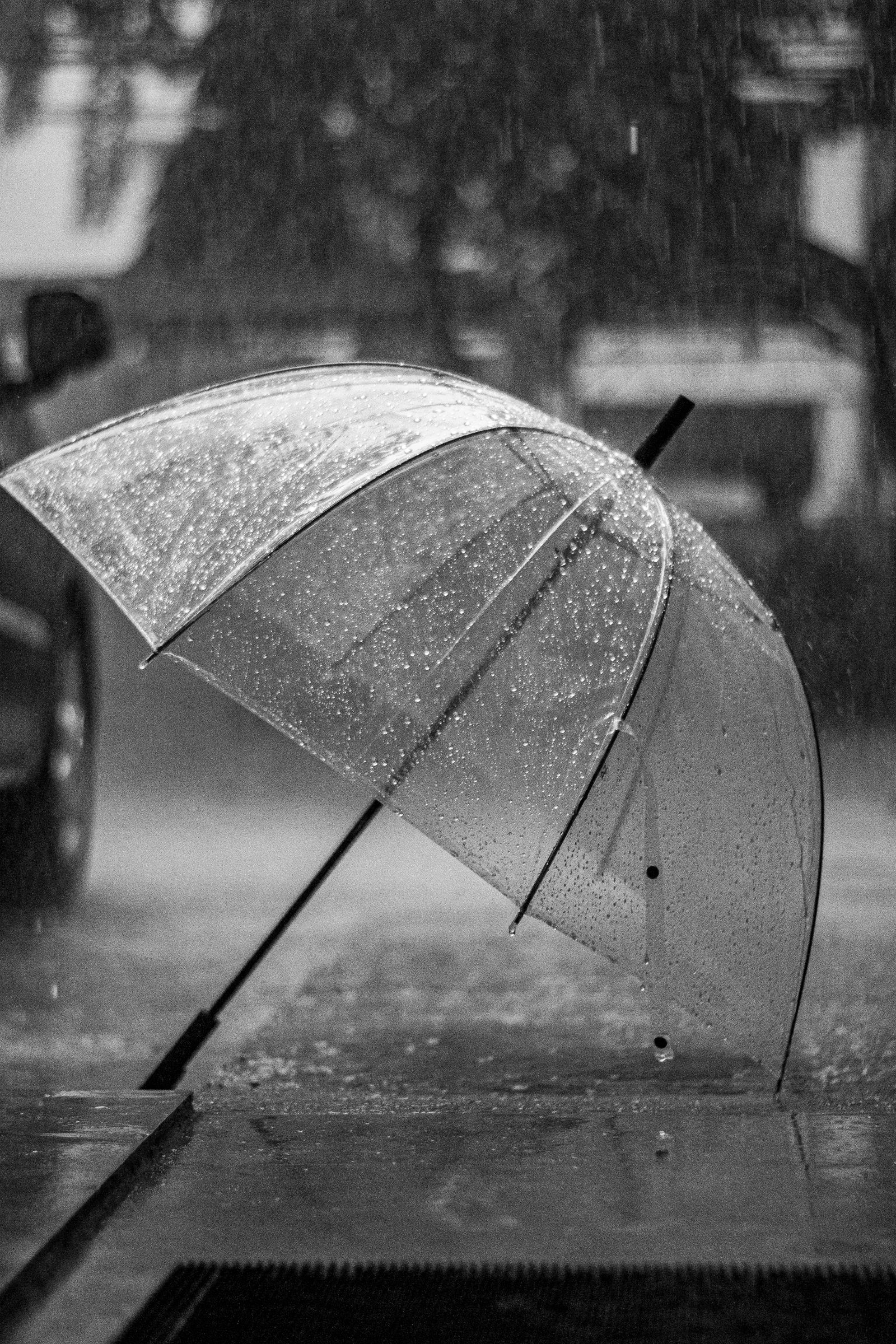 Umbrella on a rainy sidewalk