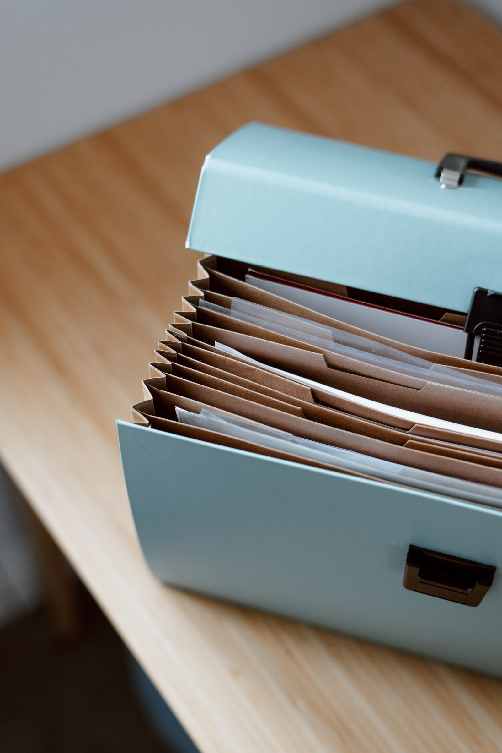 Organized file box with household documents