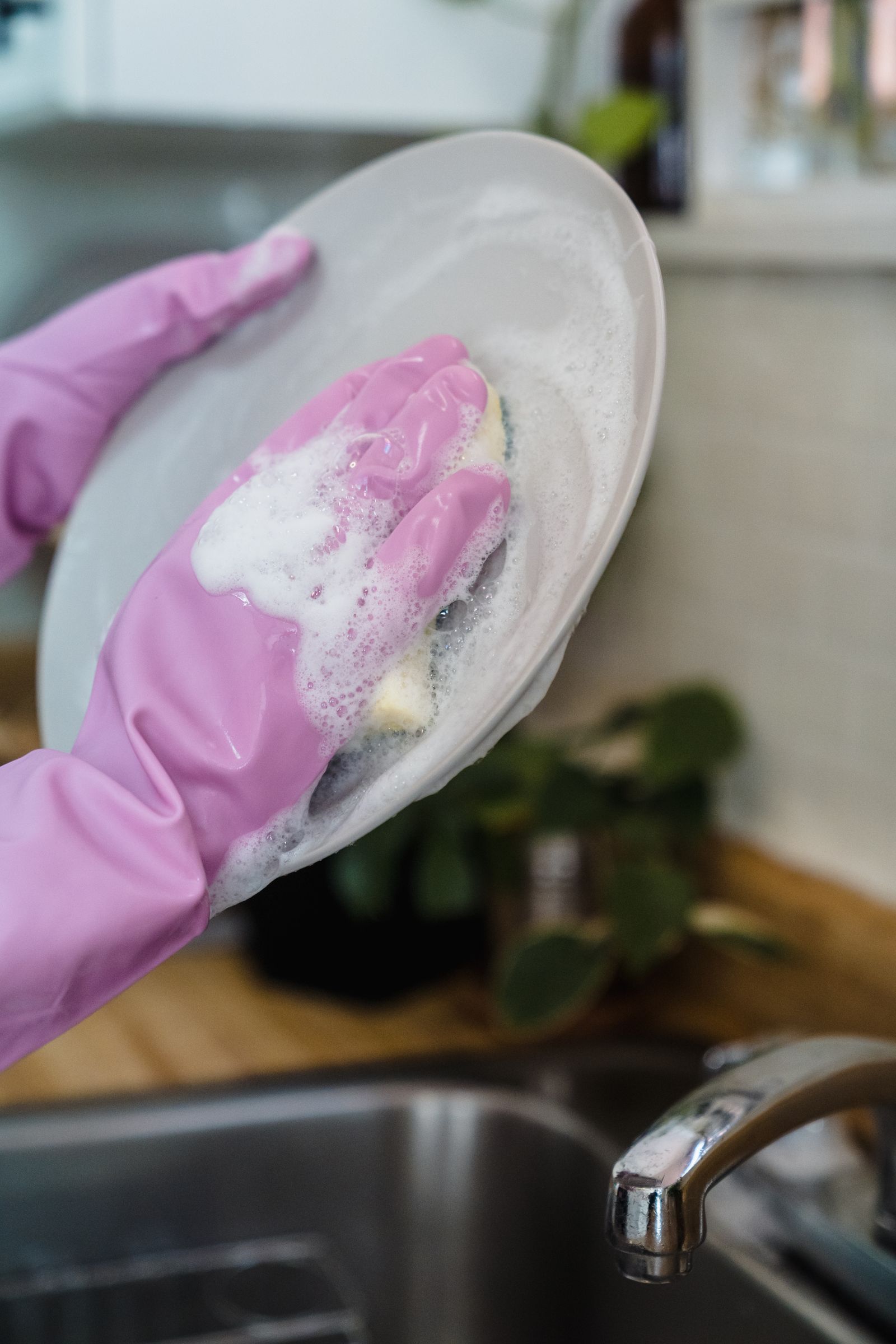 Gloved hands washing a plate over a kitchen sink