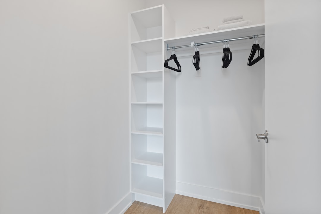 Shoes arranged on shelves instead of a loose floor pile