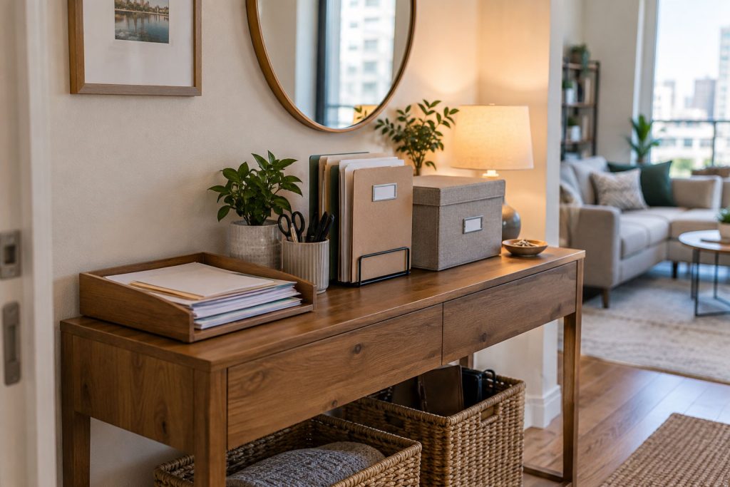 Compact paper organization station on a narrow console in a small American apartment.