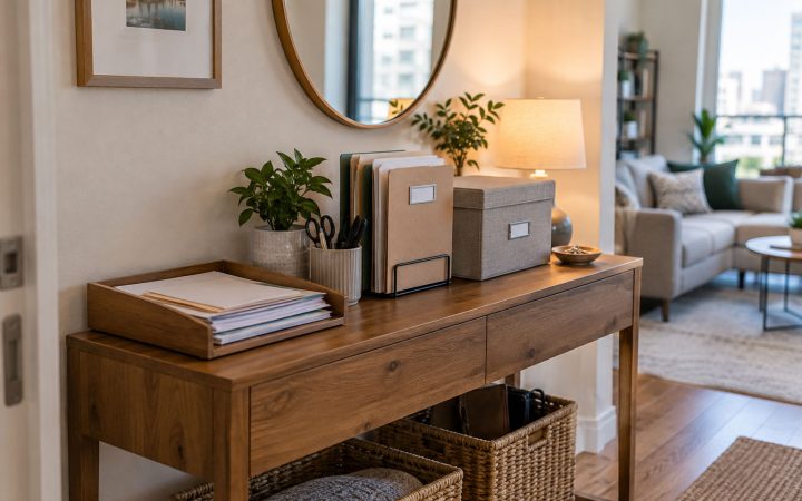 Compact paper organization station on a narrow console in a small American apartment.