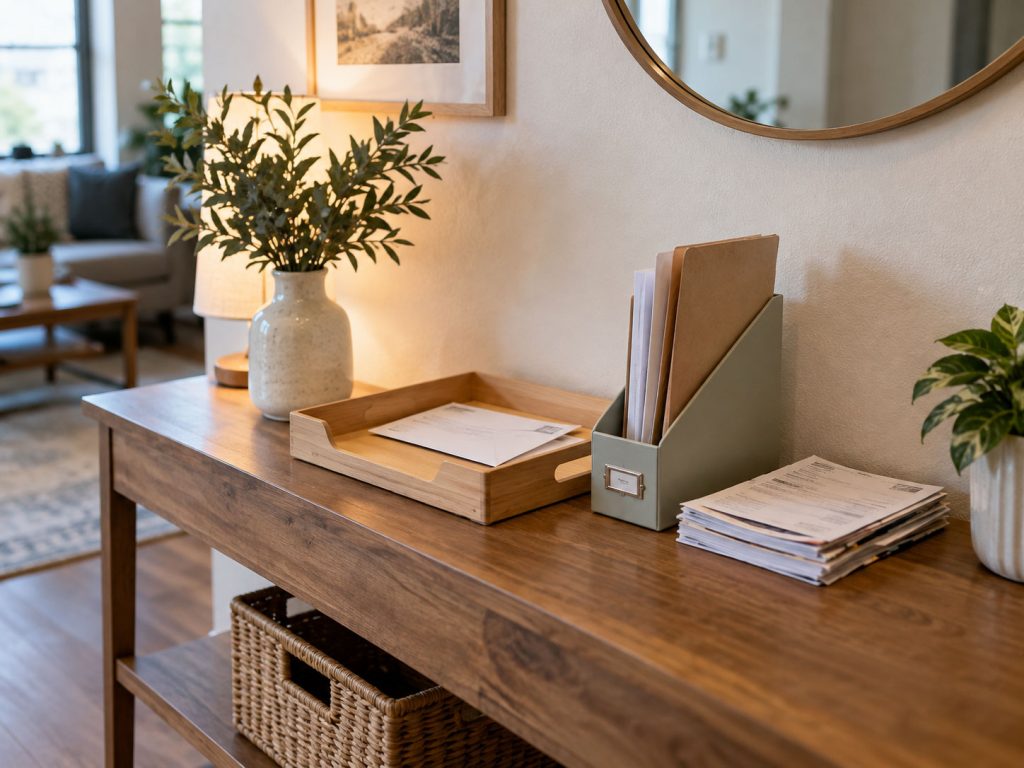 Small apartment entryway with one dedicated tray for incoming household papers.
