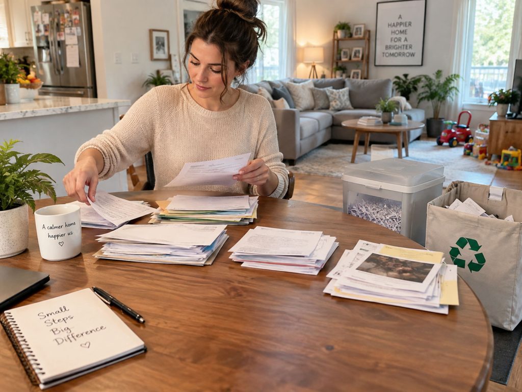 Parent sorting apartment paper into action, filing, shredding, recycling, and keepsake groups.