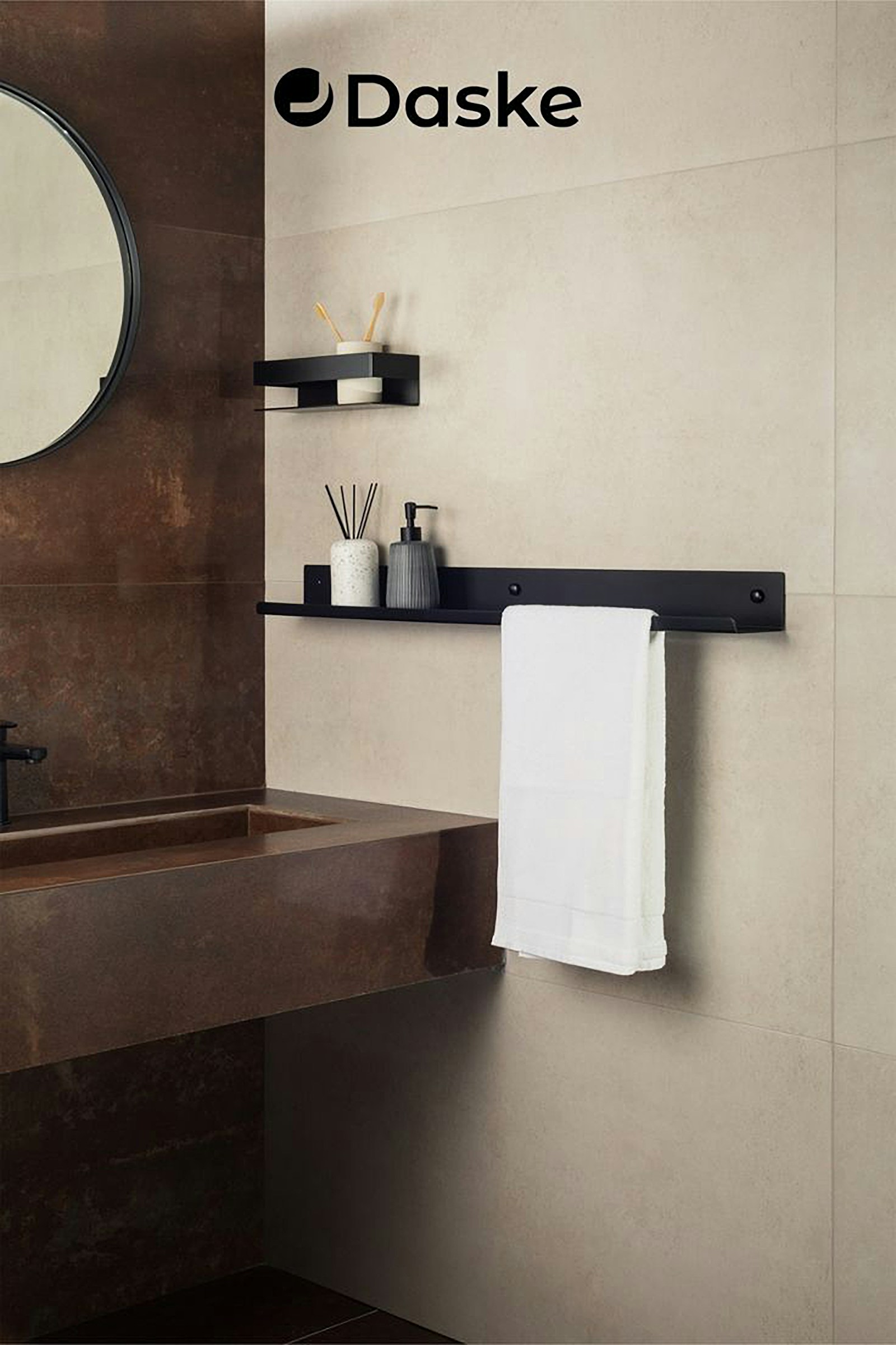 Bathroom wall shelves beside a mirror