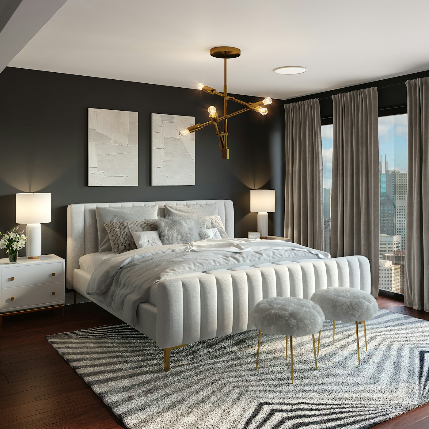 Compact bedroom where low hidden space can hold secondary clothing or linens