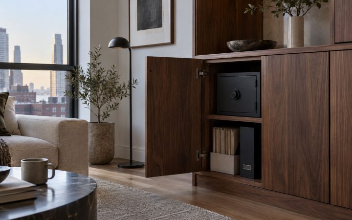 Secure document storage integrated into a compact modern apartment cabinet.