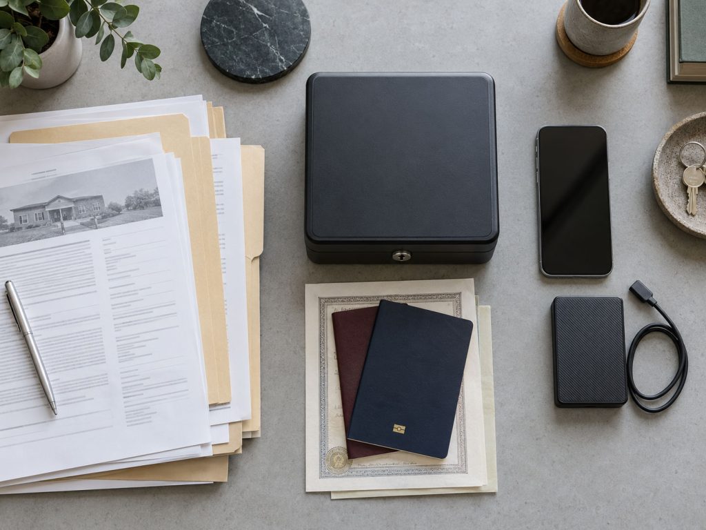 Overhead view of important household documents divided between accessible files, protected storage, and digital backup.