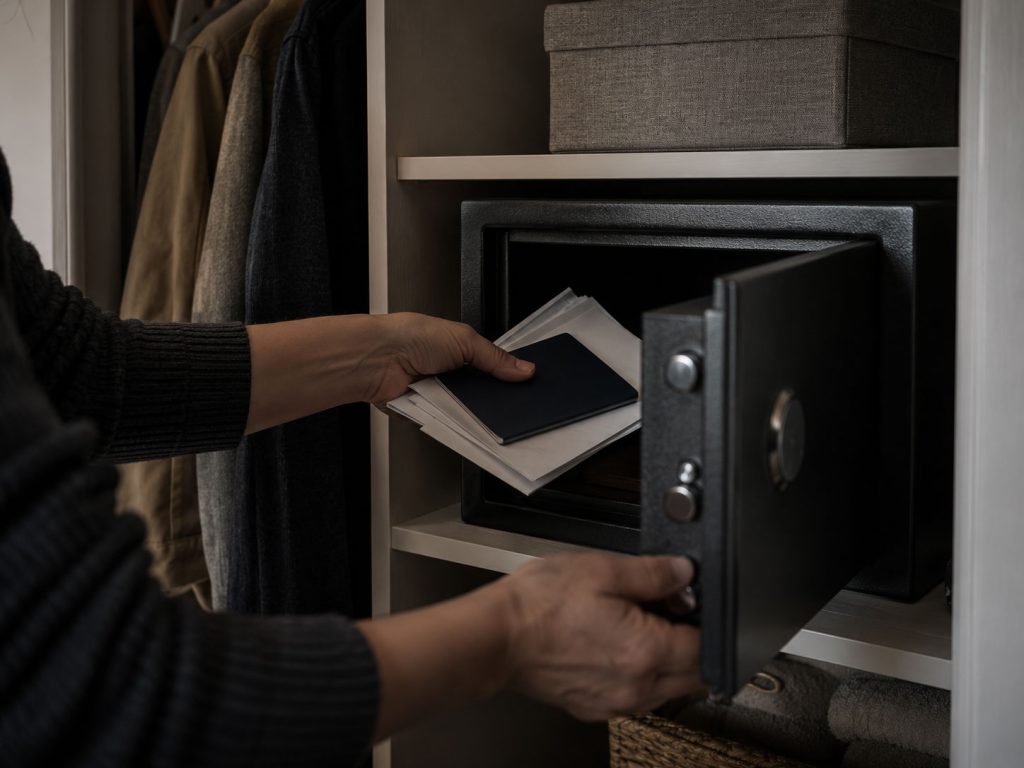 Hands placing sensitive family documents into a compact locked document safe inside an apartment closet.