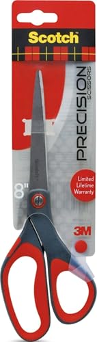 Scotch Precision 8-inch straight scissors with red and gray handles and packaging