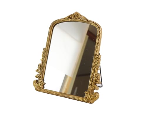 HSDDHOME gold arched wood-framed tabletop mirror on a white background