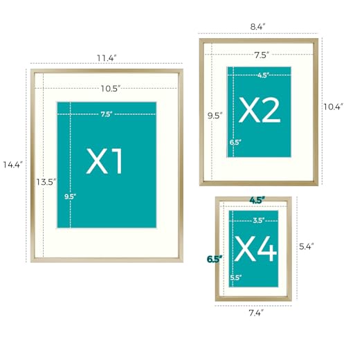 Frametory dimension chart labeling one large, two medium, and four small frames and their mat openings