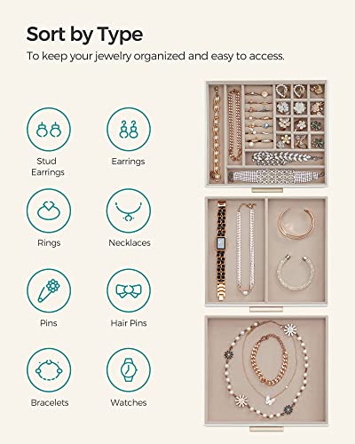 SONGMICS top tray and two drawers shown as separate organization layers with illustrative jewelry