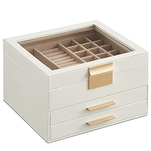 Closed SONGMICS UJBC239WT white-and-gold three-layer jewelry box with glass lid