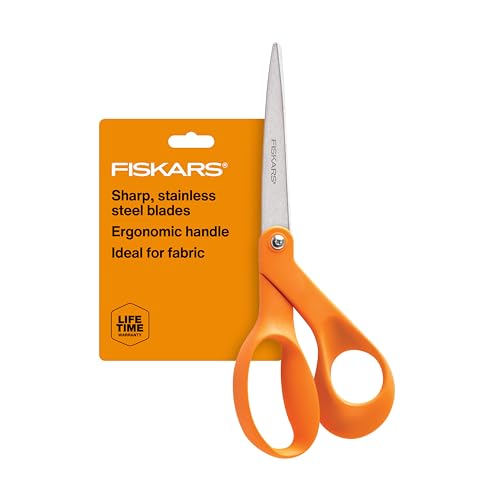 Original orange-handled Fiskars 8-inch scissors with product packaging
