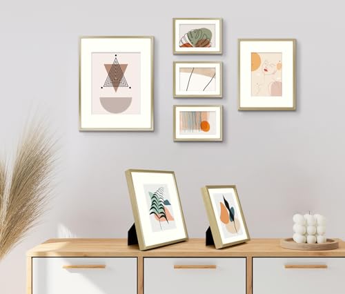 Frametory gold frame arrangement combining wall display and two standing small frames