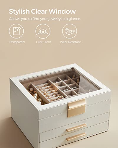 SONGMICS white jewelry box with clear lid and organized divided compartments