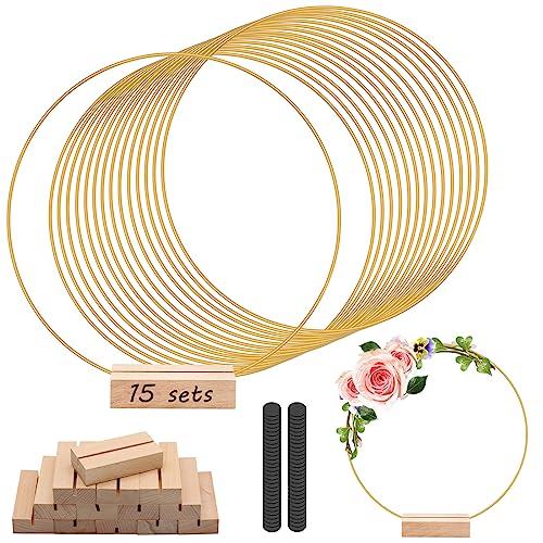 Bare gold hoops, wooden bases and pads with an illustrative floral example