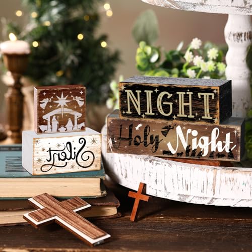 Moucuny wooden nativity blocks arranged separately beside a tray