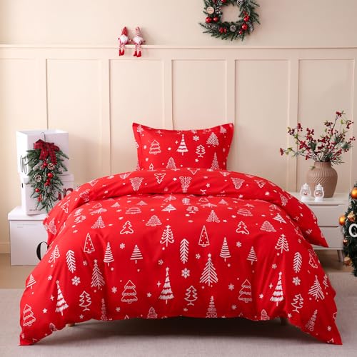 JSD Red Tree cover and matching sham styled on a twin bed