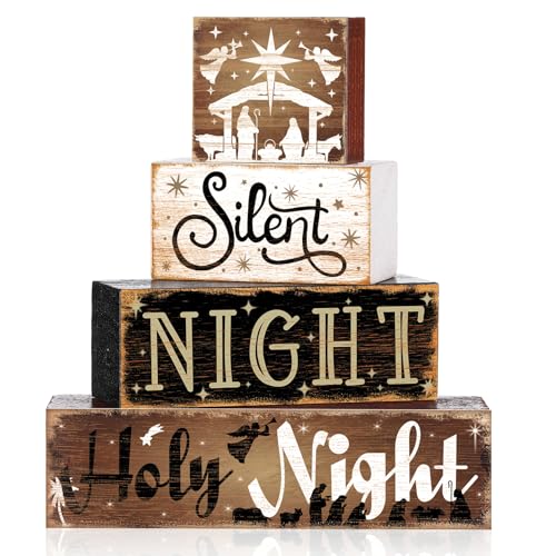 Four Moucuny nativity and Silent Night decorative blocks shown as a stack