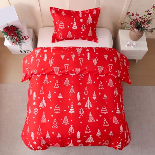 JSD red Christmas tree bedding arranged on a bed