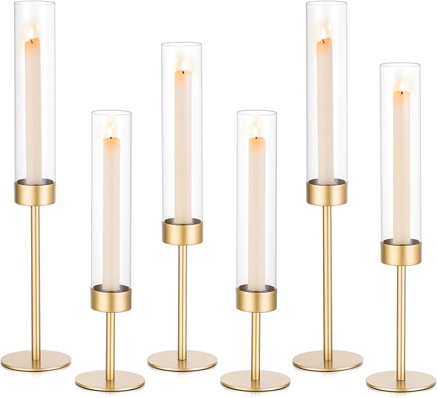 Six matte-gold taper holders with glass covers and separate candles