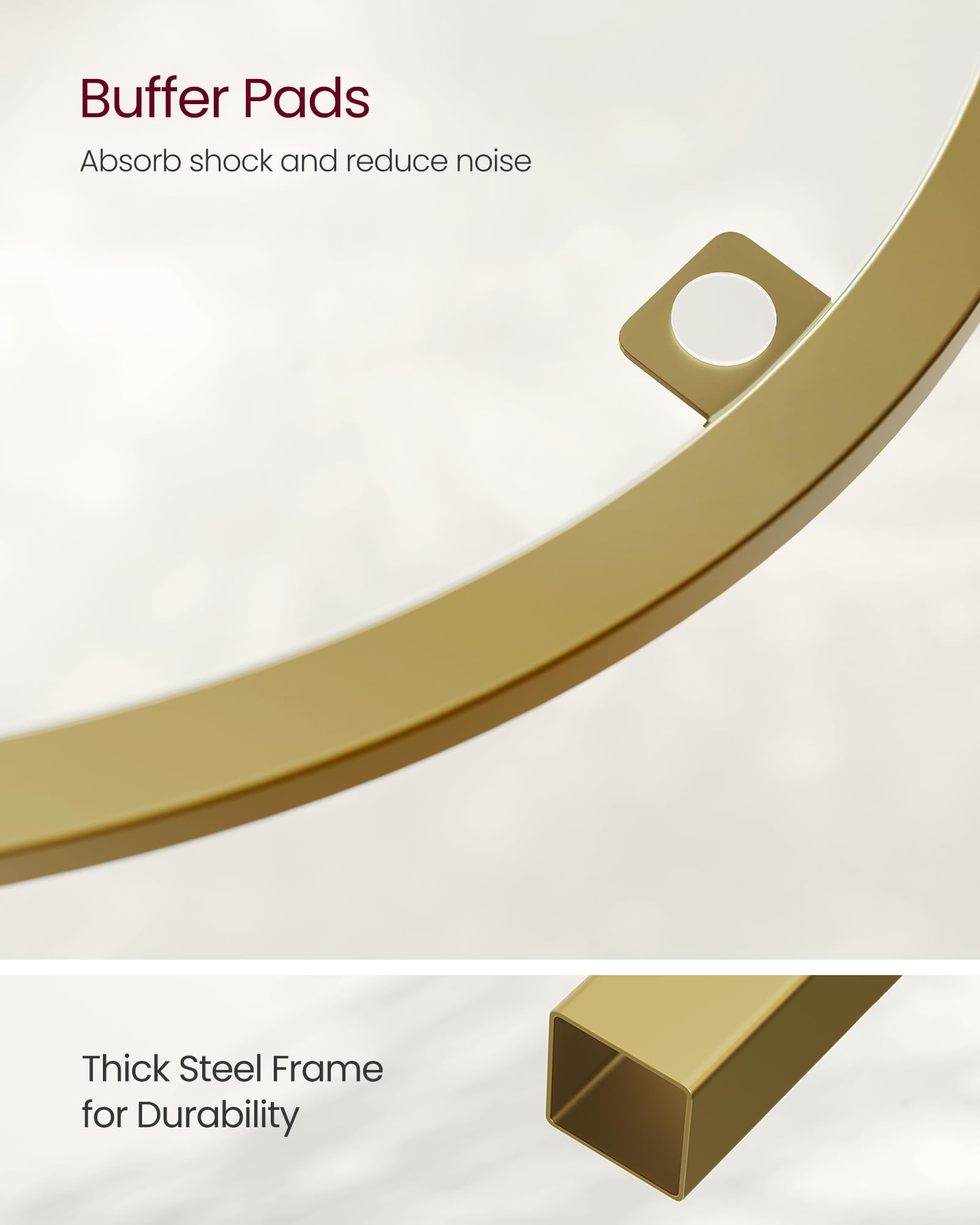 VASAGLE glass buffer pads and steel-frame details